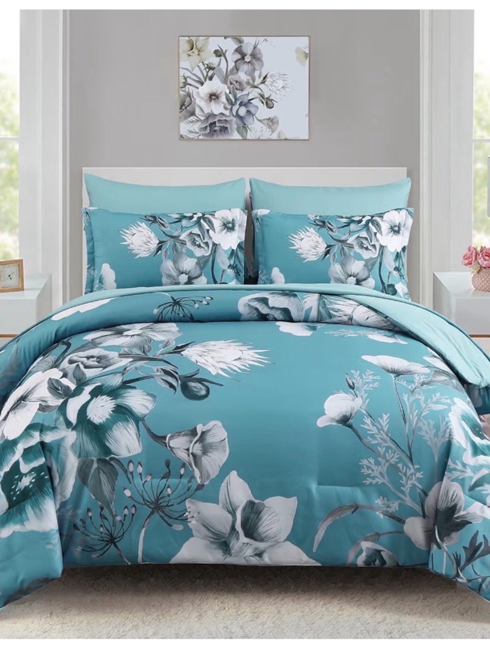 Teal Floral Comforter and sheets - Elegant Home Bedding
